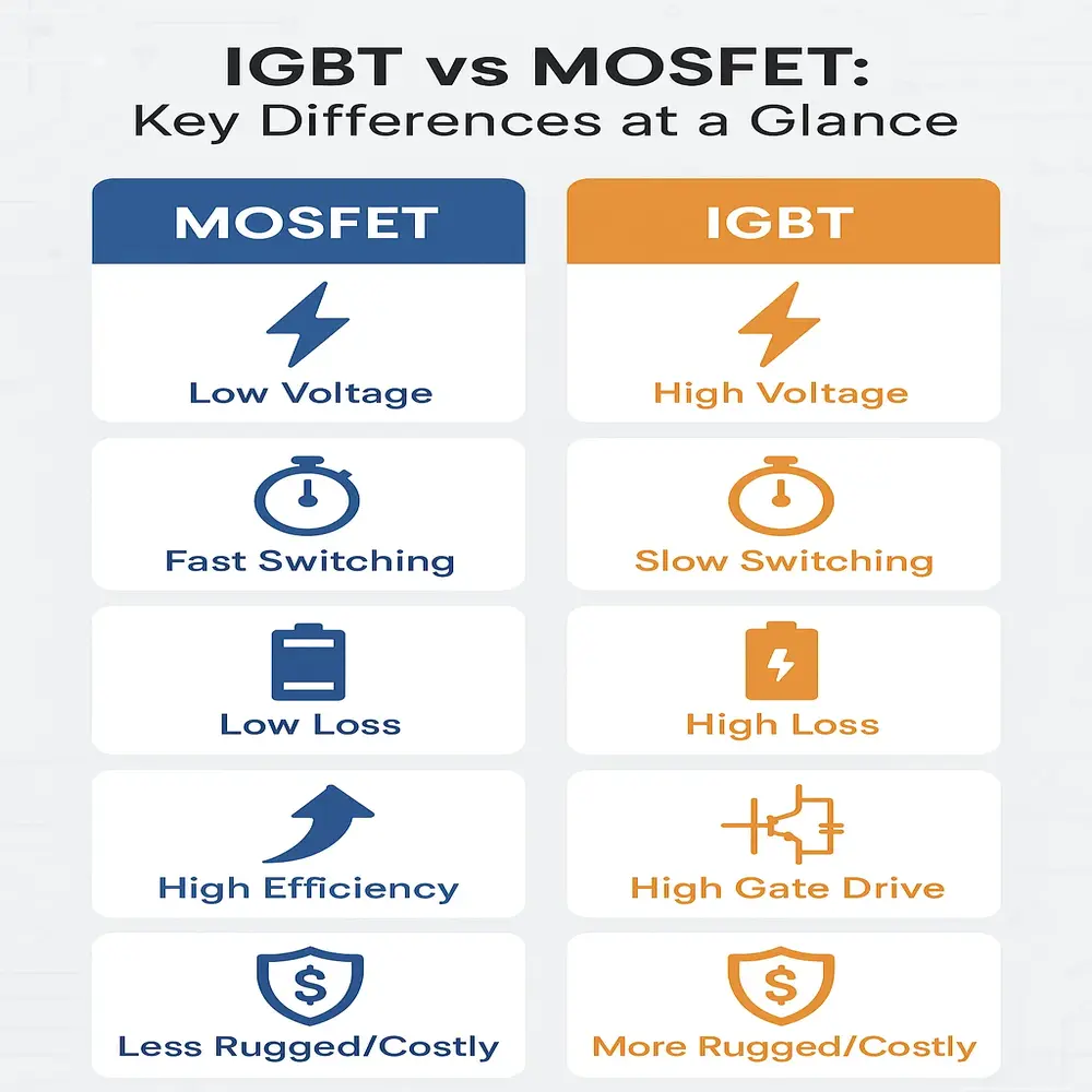 Infographic comparing IGBT and MOSFET across voltage, switching speed, power loss, efficiency, gate drive, and durability. 