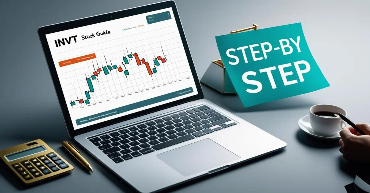 INVT stock chart on laptop with step-by-step note.
