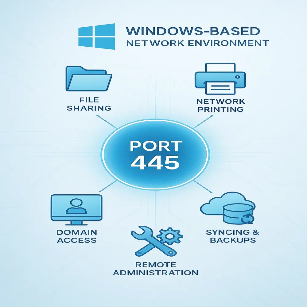 The image shows Port 445 as a key component in Windows networks, supporting essential tasks like sharing files, printing, logging in, remote management, and backups. 