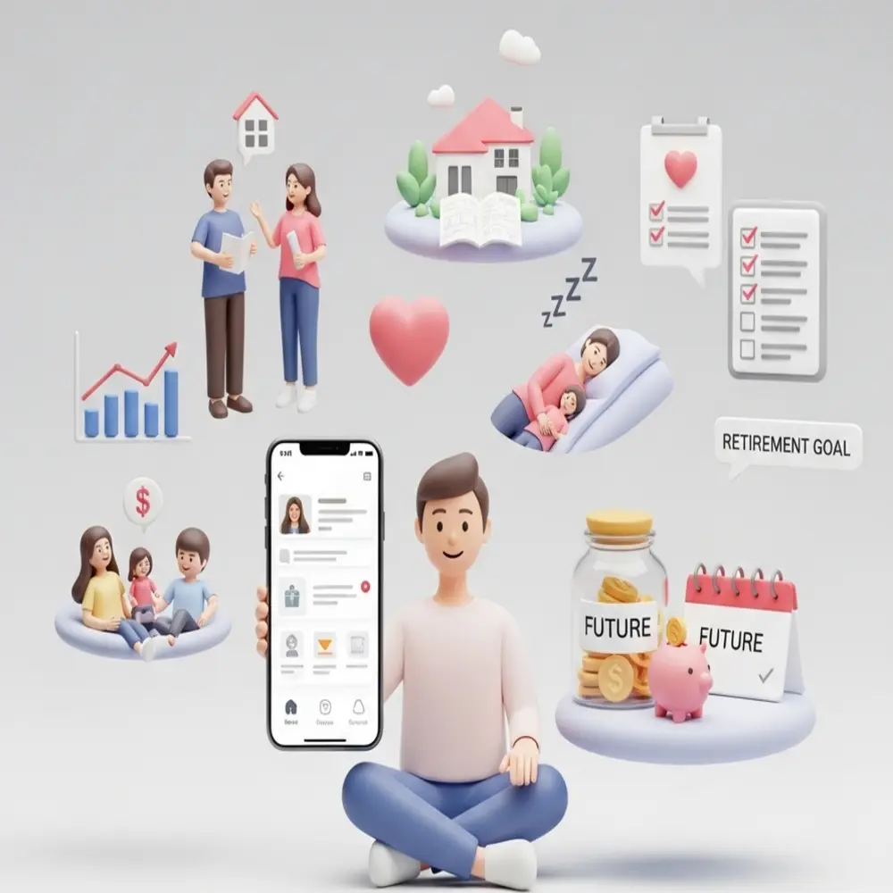 3D image of a person holding a phone with finance apps, surrounded by icons of savings, goals, family, and sleep.