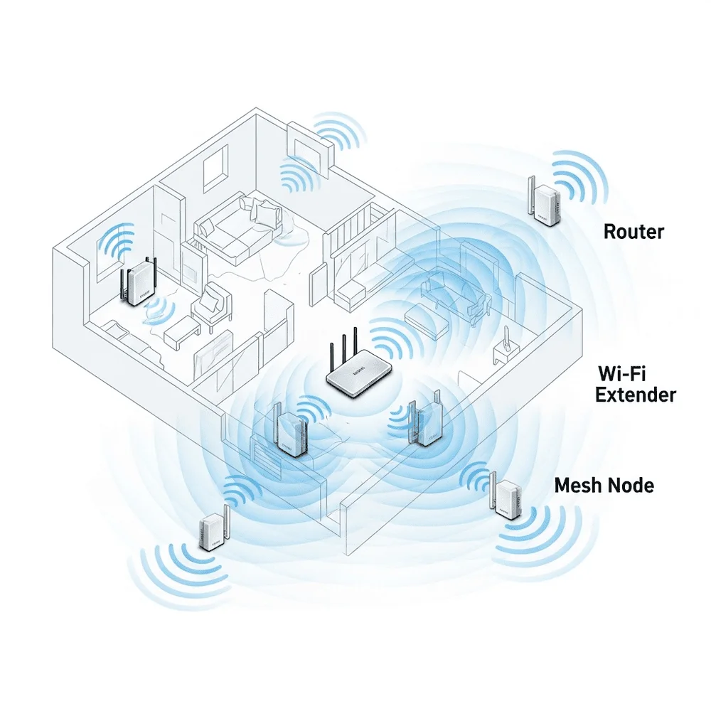 Home layout showing router, extenders, and mesh nodes placed to ensure stable and wide Wi-Fi coverage across all rooms. 