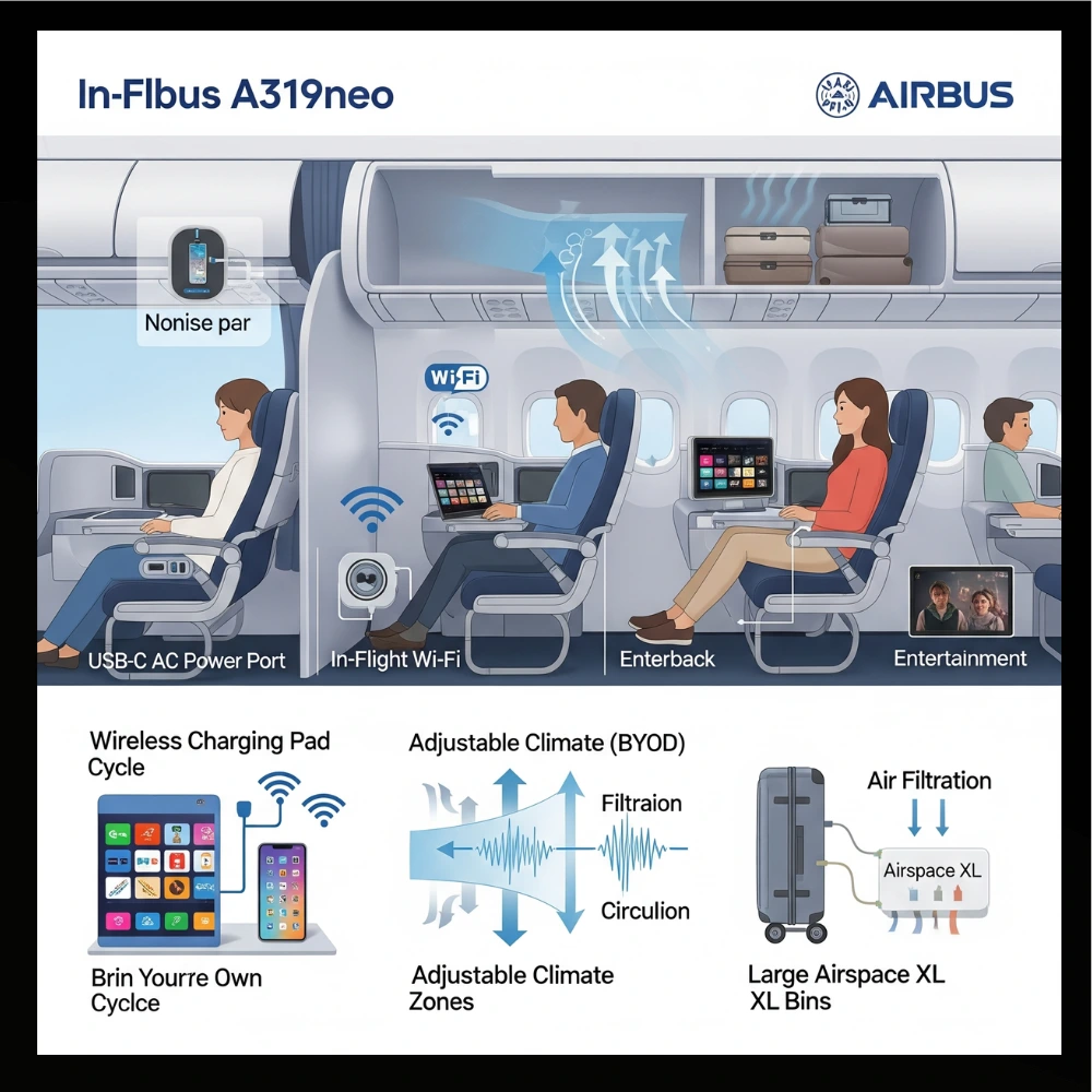 Infographic showing A319neo cabin amenities and comfort features.