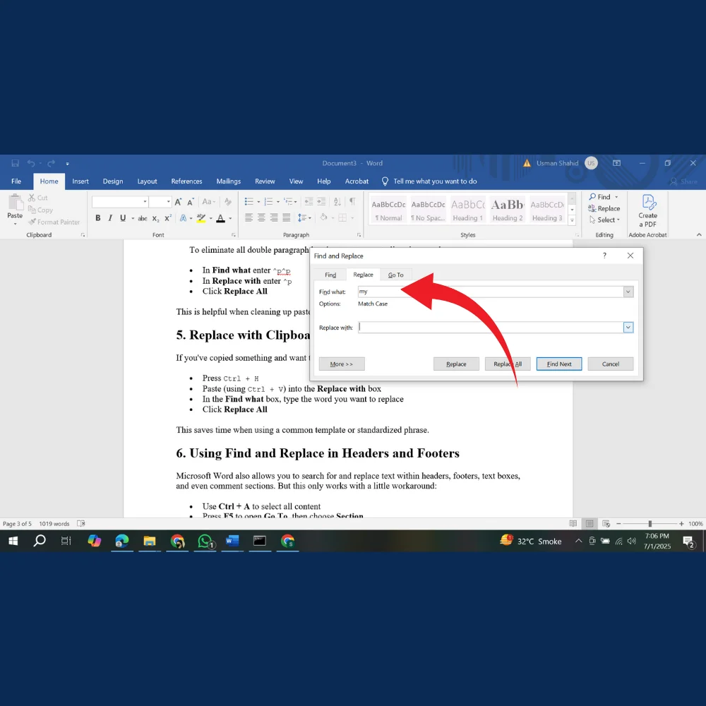 Typing the target word into the "Find what" box in a text replacement dialog. 
