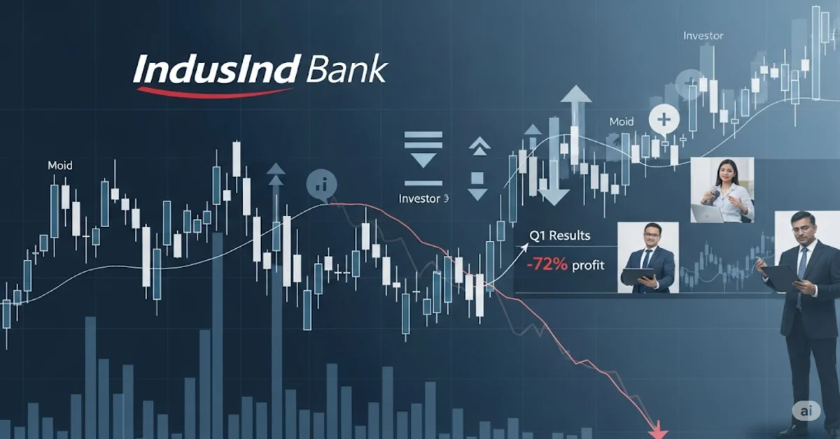 IndusInd Bank share chart showing brief rise and subsequent decline, with Q1 results data and investor sentiment visuals in the background.