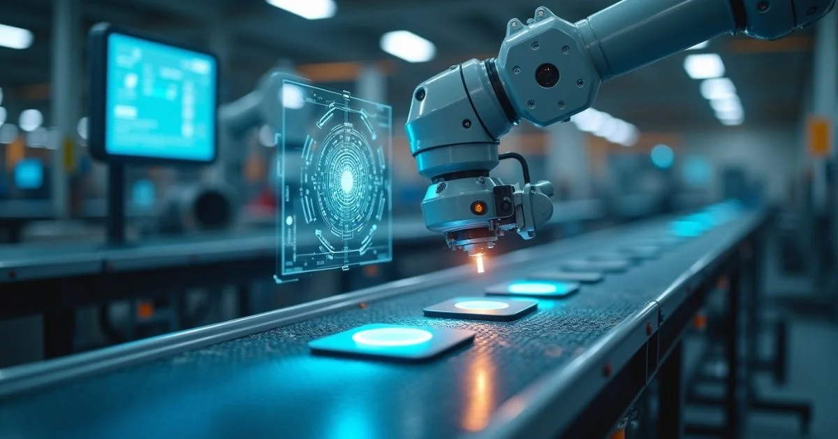 High-resolution industrial cameras and sensors inspecting products on a conveyor belt, with adjustable lighting and specialized setups for pharmaceutical and textile inspection.
