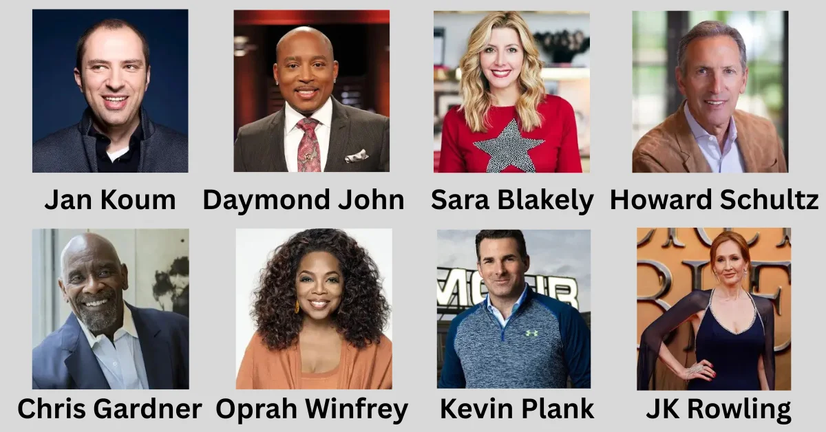 Collage of successful underdog entrepreneurs who rose from humble beginnings to achieve greatness. 
