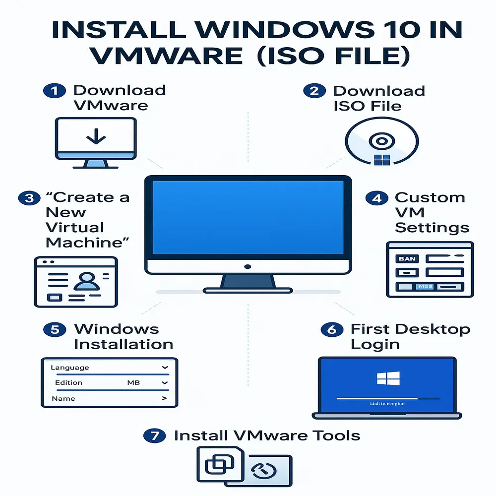 Infographic showing 7 steps to install Windows 10 in VMware using an ISO file, including download, virtual machine setup, settings configuration, and installation. 