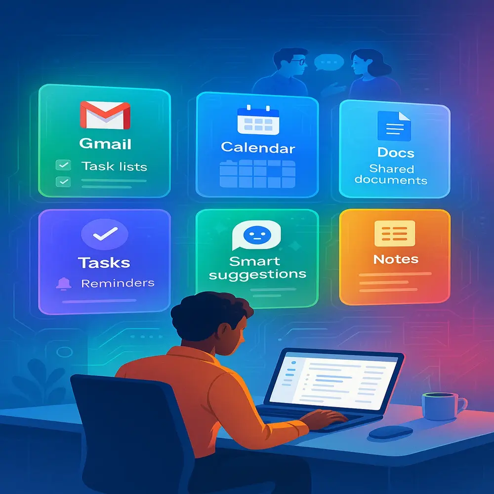 Person at desk using laptop with floating icons for Gmail, Calendar, Docs, Tasks, Smart Suggestions, and Notes. 