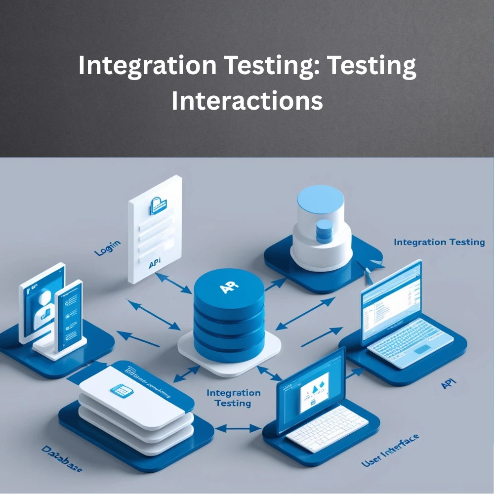 Illustration of connected software components like a login module, database, API, and user interface, showing data flow and interaction for integration testing.