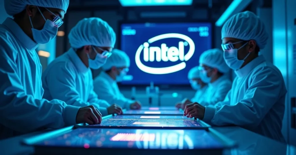 Engineers at Intel chip lab with Intel logo and financial summary showing $12.9B revenue and $2.9B loss.