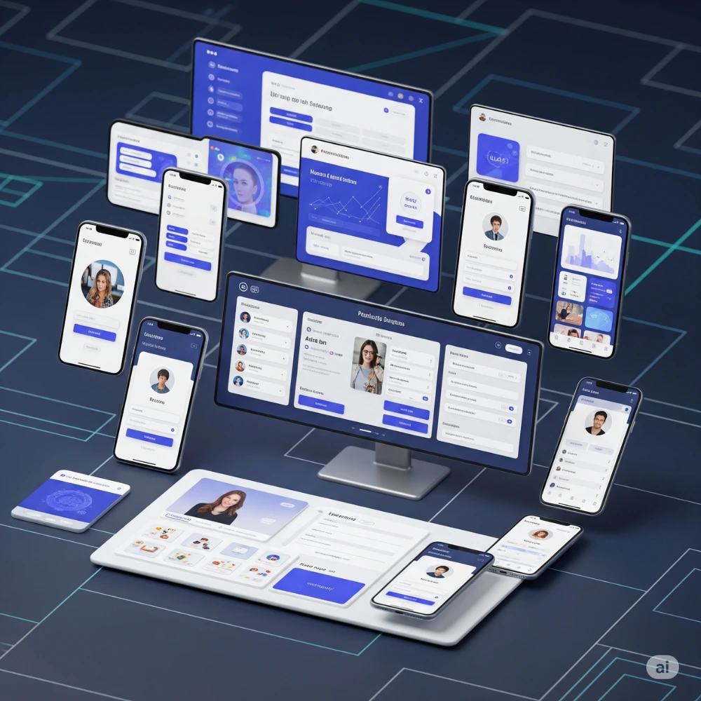 Modern app interface mockups displayed on digital screens, showcasing login pages, dashboards, and user profiles in a colorful design layout.