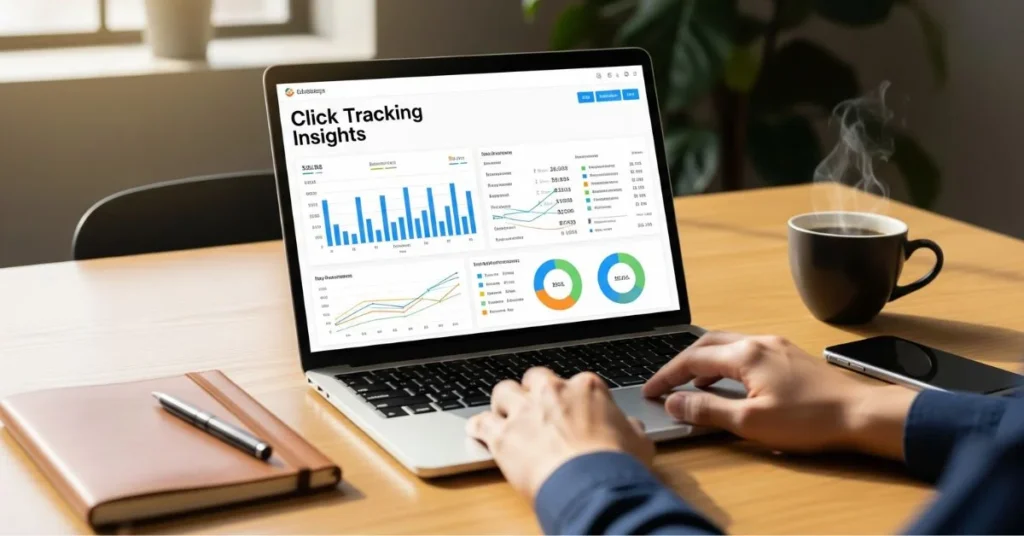 Person analyzing click tracking insights on a laptop with charts and graphs.