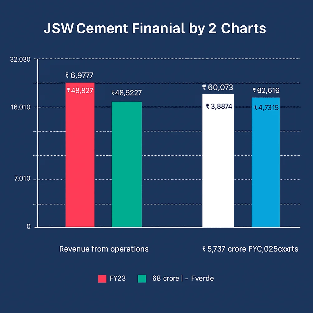 Bar chart comparing JSW Cement's revenue and profit for FY23 and FY24, showing revenue growth from ₹5,837 crore to ₹6,028 crore and a decline in profit from ₹104 crore to ₹62 crore.