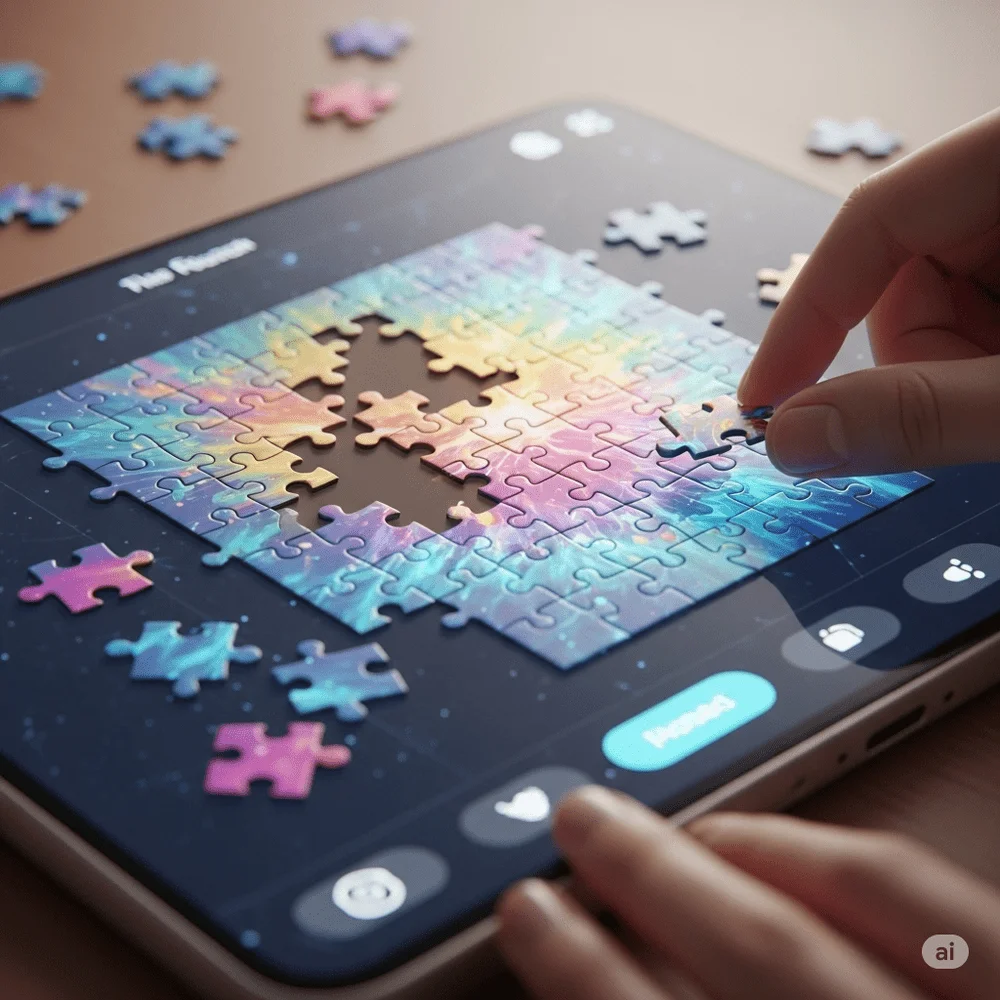 A jigsaw puzzle partially completed with scattered pieces and soft lighting, symbolizing relaxation, problem-solving, and spatial skill development. 