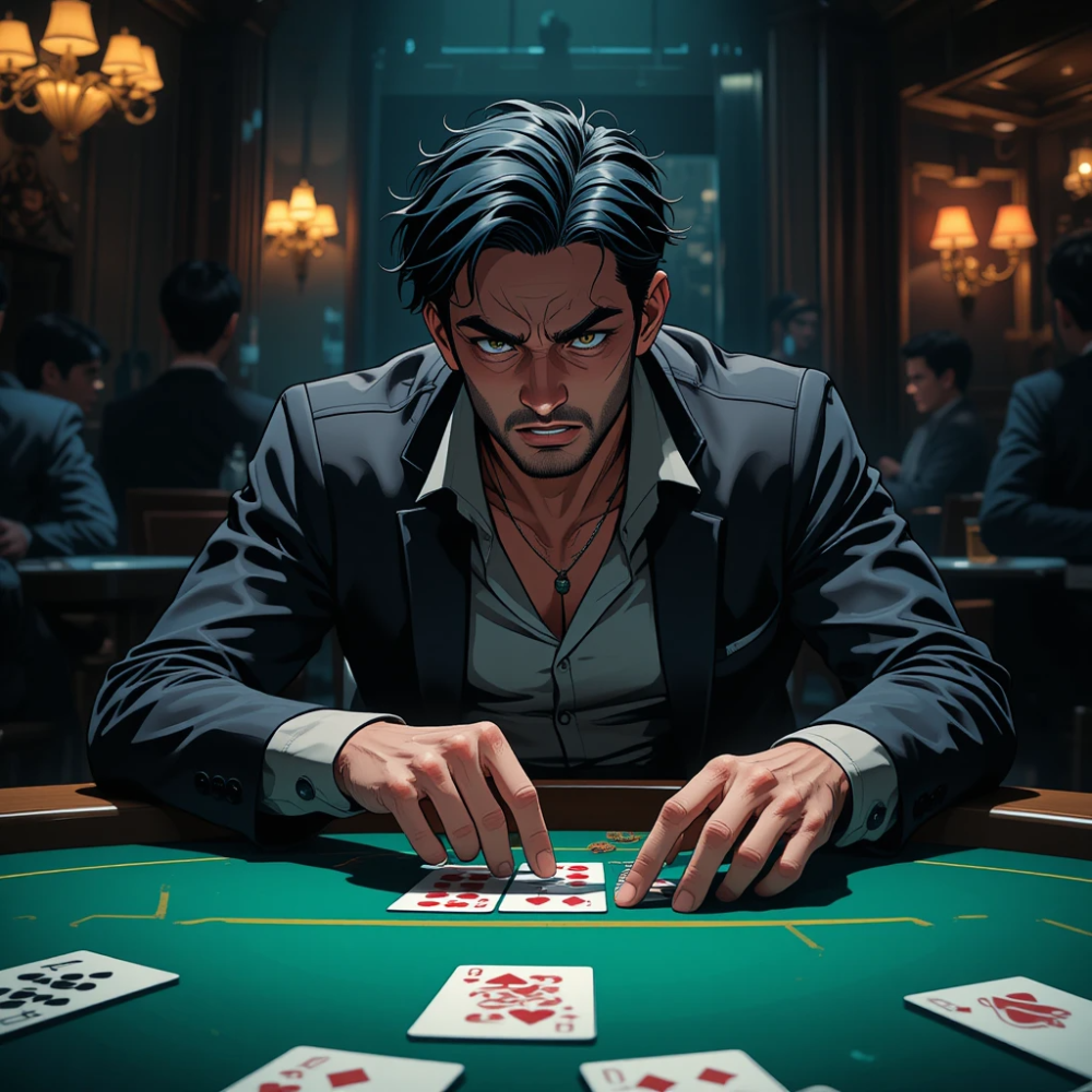 An anxious anime character places a card in a dark gambling room filled with tension and dramatic lighting