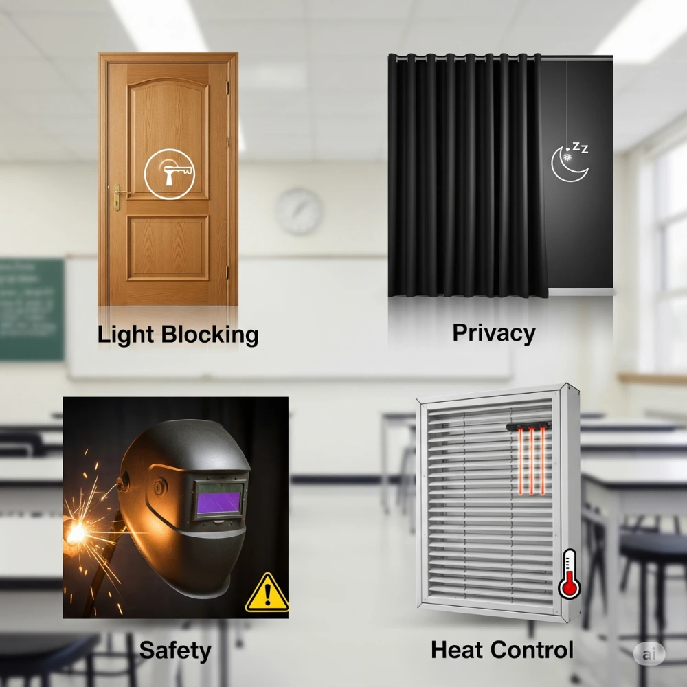 Collage of opaque objects in science including a door, blackout curtains, welding mask, and insulated wall showing their uses for privacy, safety, and light control.