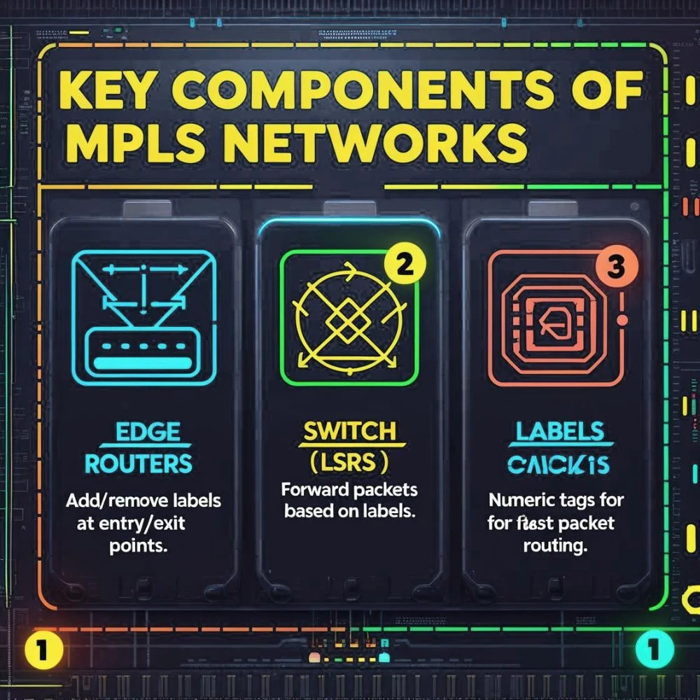 Visual diagram showing edge routers, switches, and labels as core components of MPLS networks. 