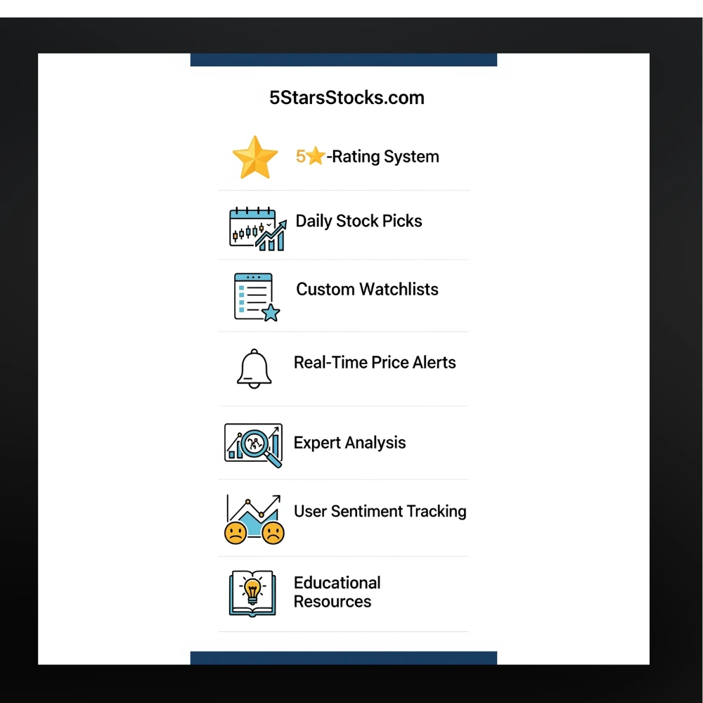 Infographic showing key features of 5StarsStocks.com platform