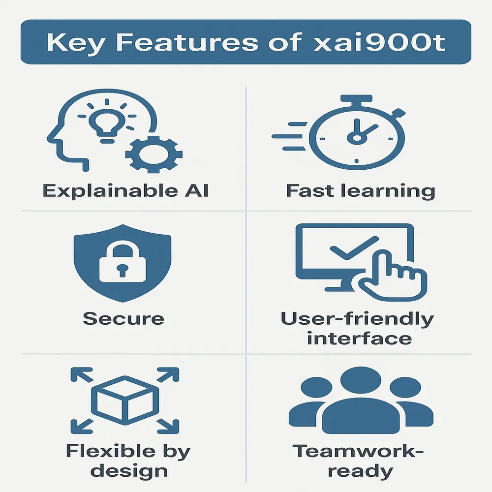 Key features of xai900t shown with icons and labels.