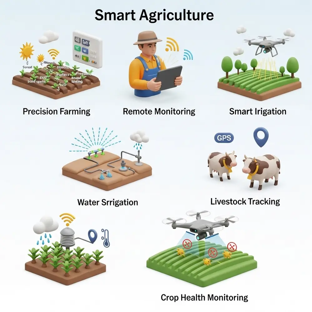 nfographic-style image of IoT farming: sensors, drone, smart irrigation, livestock tags, and crop health scanning