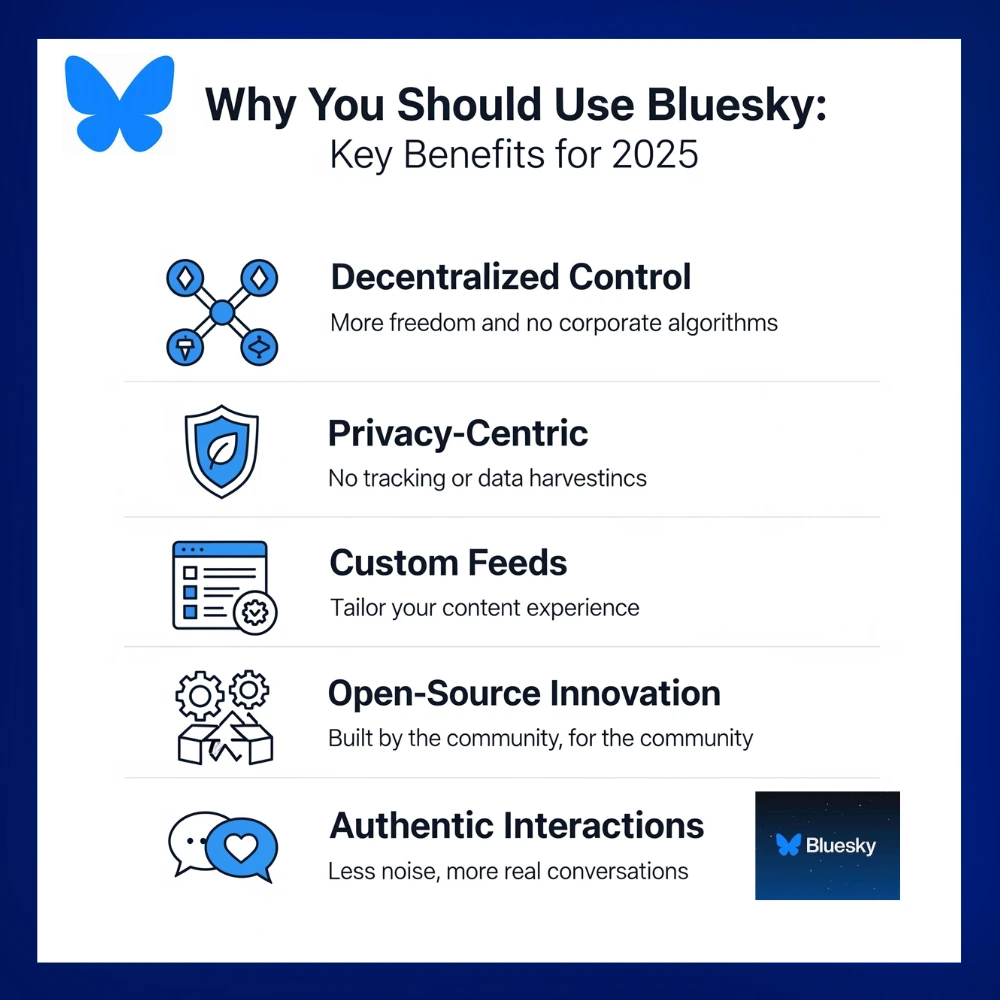 Infographic showing key Bluesky benefits for 2025 users