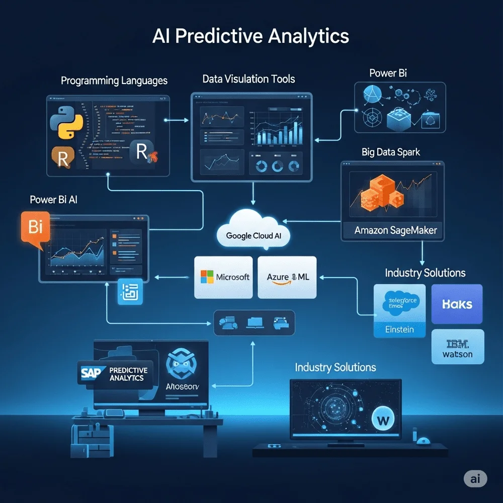 Illustration of key AI predictive analytics tools in a futuristic, tech-themed layout with glowing visuals. 