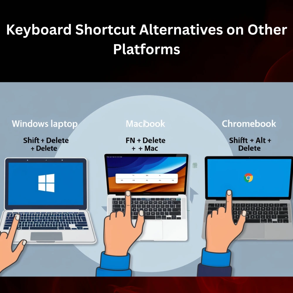 Illustration showing users on Windows, MacBook, and Chromebook devices using different keyboard shortcuts like Shift + Delete, Fn + Delete, and Shift + Alt + Delete.