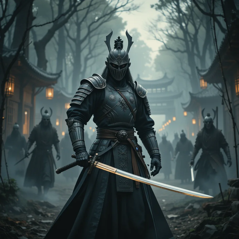 A royal warrior faces approaching zombies in a misty forest as ancient buildings burn in the distance.