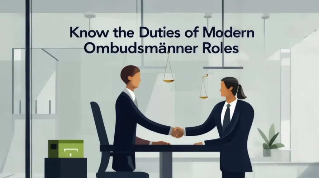 "A featured image showing a modern ombudsmann figure interacting with a citizen in a transparent office setting, symbolizing trust, fairness, and public service."