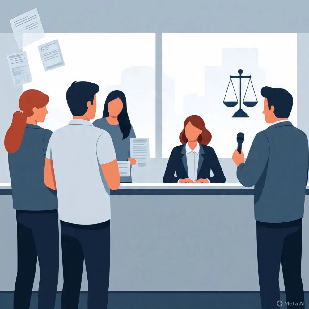 Illustration showing an ombudsmann engaging with diverse citizens in a public outreach event, surrounded by symbols of justice, openness, and public education.