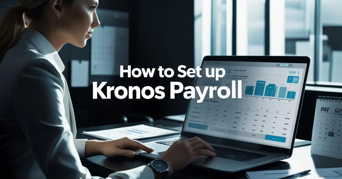 Woman using laptop with Kronos Payroll setup screen.