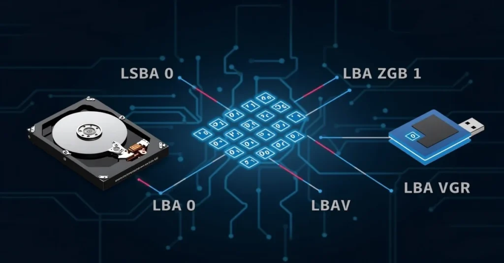 Visual representation of LBA mapping between HDD and USB, showing how data blocks are addressed and transferred digitally.
