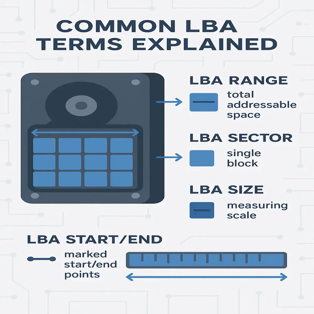 Infographic illustrating key LBA terms: LBA Range, LBA Sector, LBA Size, LBA Start/End using labeled data blocks on a storage device. 
