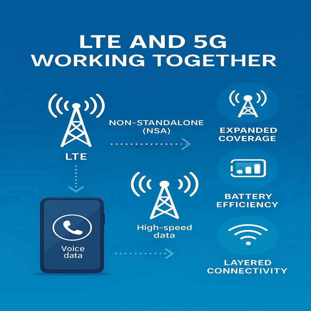 Illustration of LTE and 5G working together in NSA architecture, showing shared network tasks, extended coverage, and battery optimization.