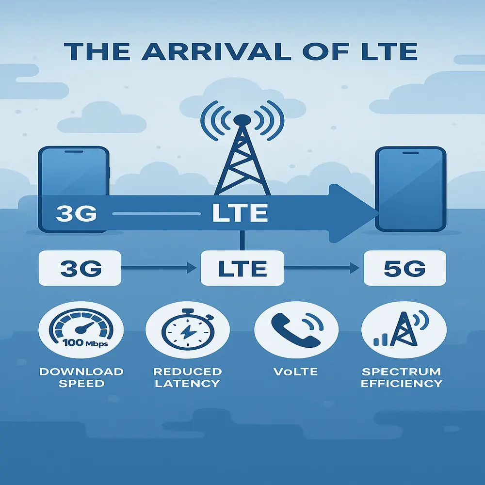 Illustration of 3G to LTE to 5G evolution with icons for speed, low latency, VoLTE, and spectrum use on a clean tech-style background.