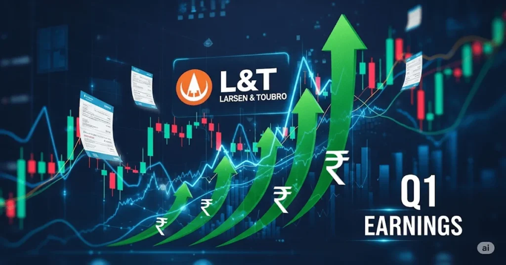 L&T share price rises 4% after strong Q1 earnings, with charts and financial growth visuals in the background.