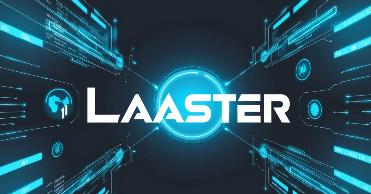 Bright tech interface with “Laaster” in bold modern font
