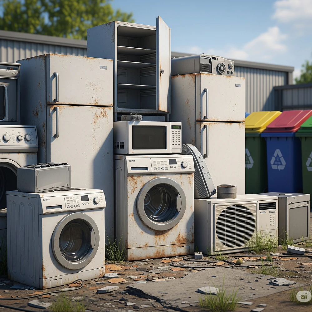 Discarded large household appliances like a fridge and washing machine at an e-waste recycling center.