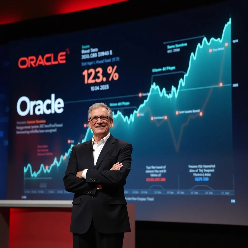 Larry Ellison in front of a screen showing Oracle AI branding and a 13% stock surge in 2025, highlighting his wealth rise and cloud growth. 