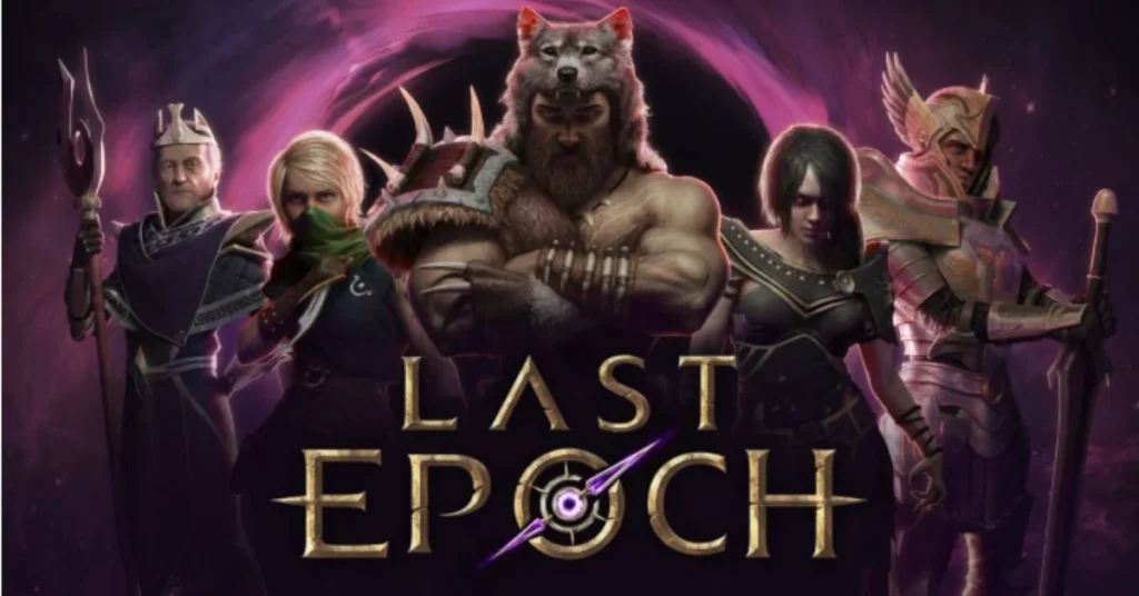 Five Last Epoch characters in front of a purple portal with the game logo.