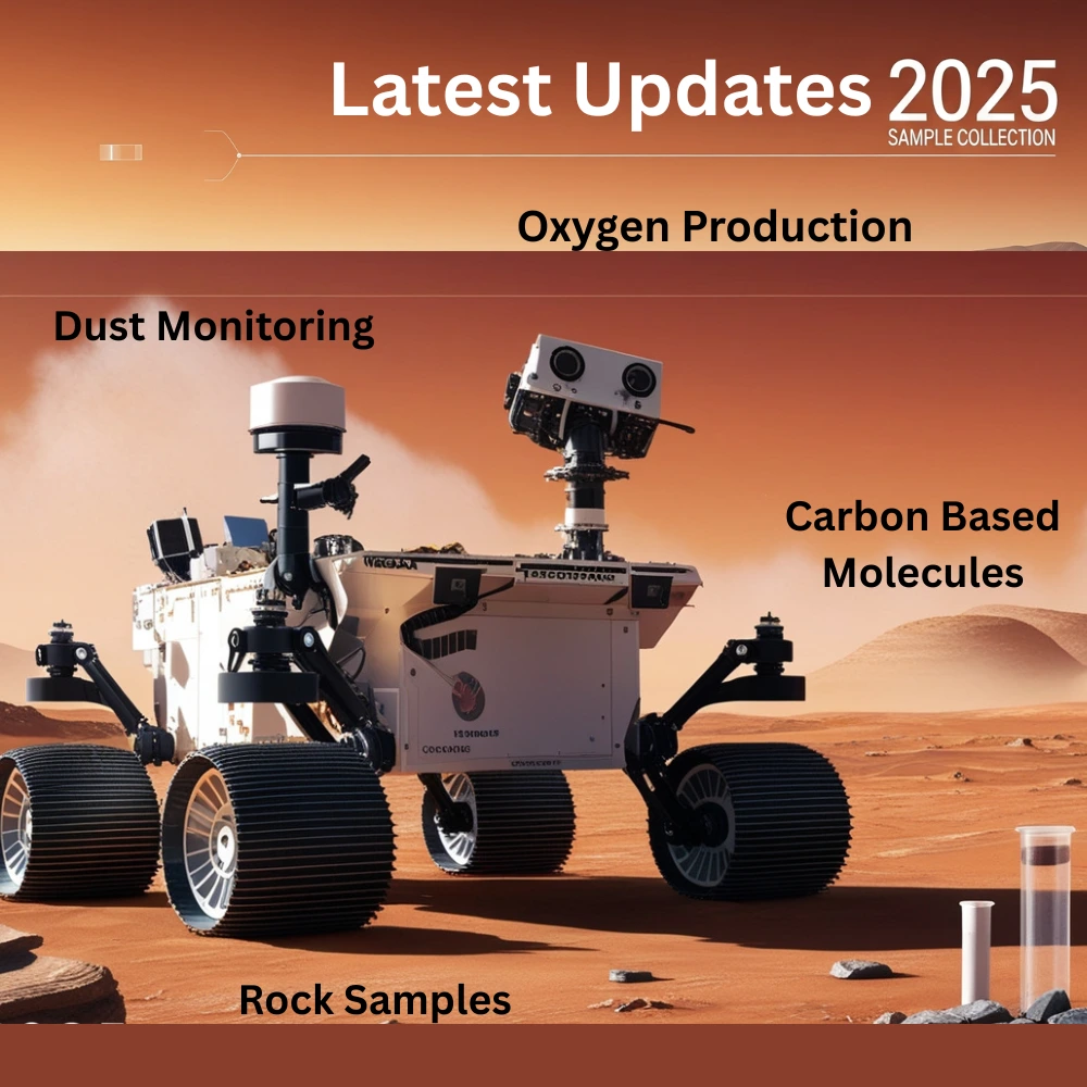 Mars rover exploring Jezero Crater with sample tools