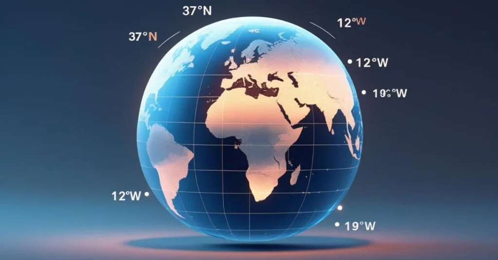 3D globe showing latitude and longitude lines with coordinate markers.