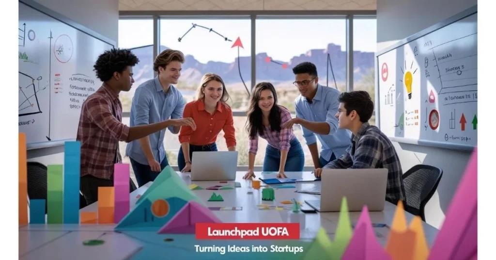 Students working on a startup idea at Launchpad UofA with charts, laptops, and whiteboards in a modern classroom.