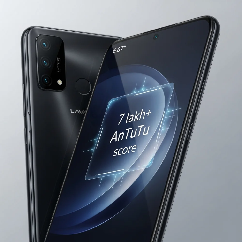 Lava Play Ultra 5G angled view showing 6.67-inch AMOLED display and 7 lakh+ AnTuTu performance score.