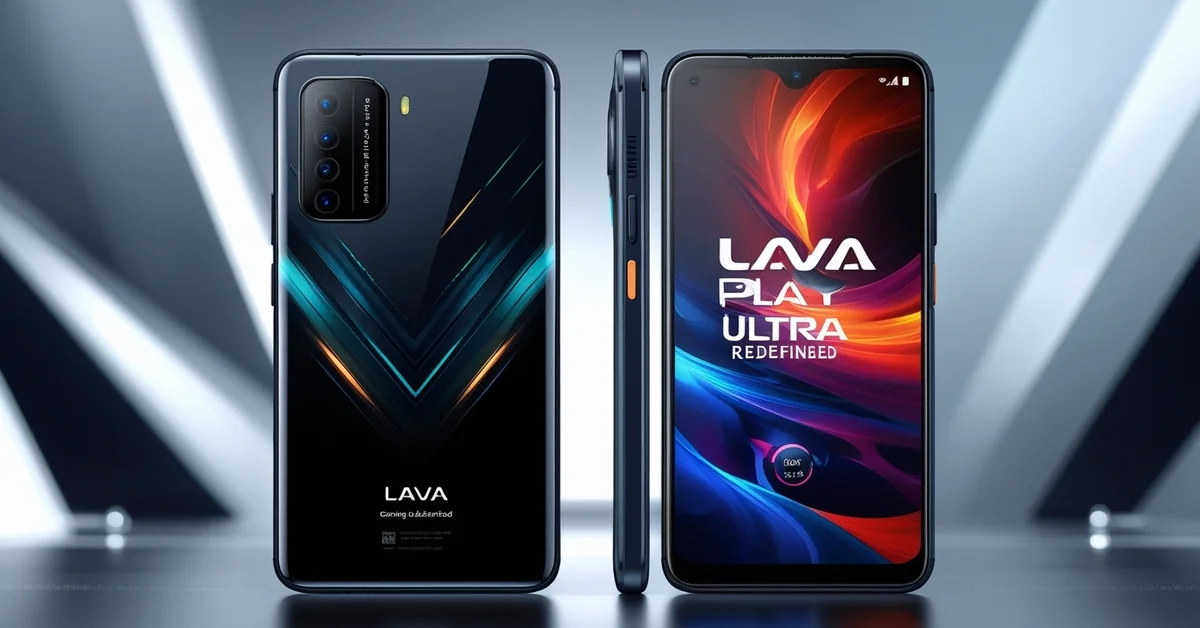 Lava Play Ultra 5G front and back view highlighting 6.67-inch AMOLED display, glossy rear, and 64 MP AI Matrix camera.