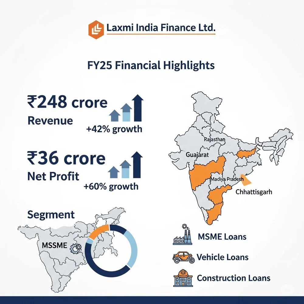 Laxmi India Finance FY25 revenue ₹248 Cr, profit ₹36 Cr with 60% growth; map shows operations in 4 Indian states. 