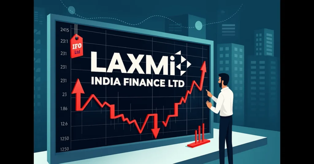 Laxmi India Finance share price drops on IPO listing, shown with red arrows, stock ticker, and financial market background.