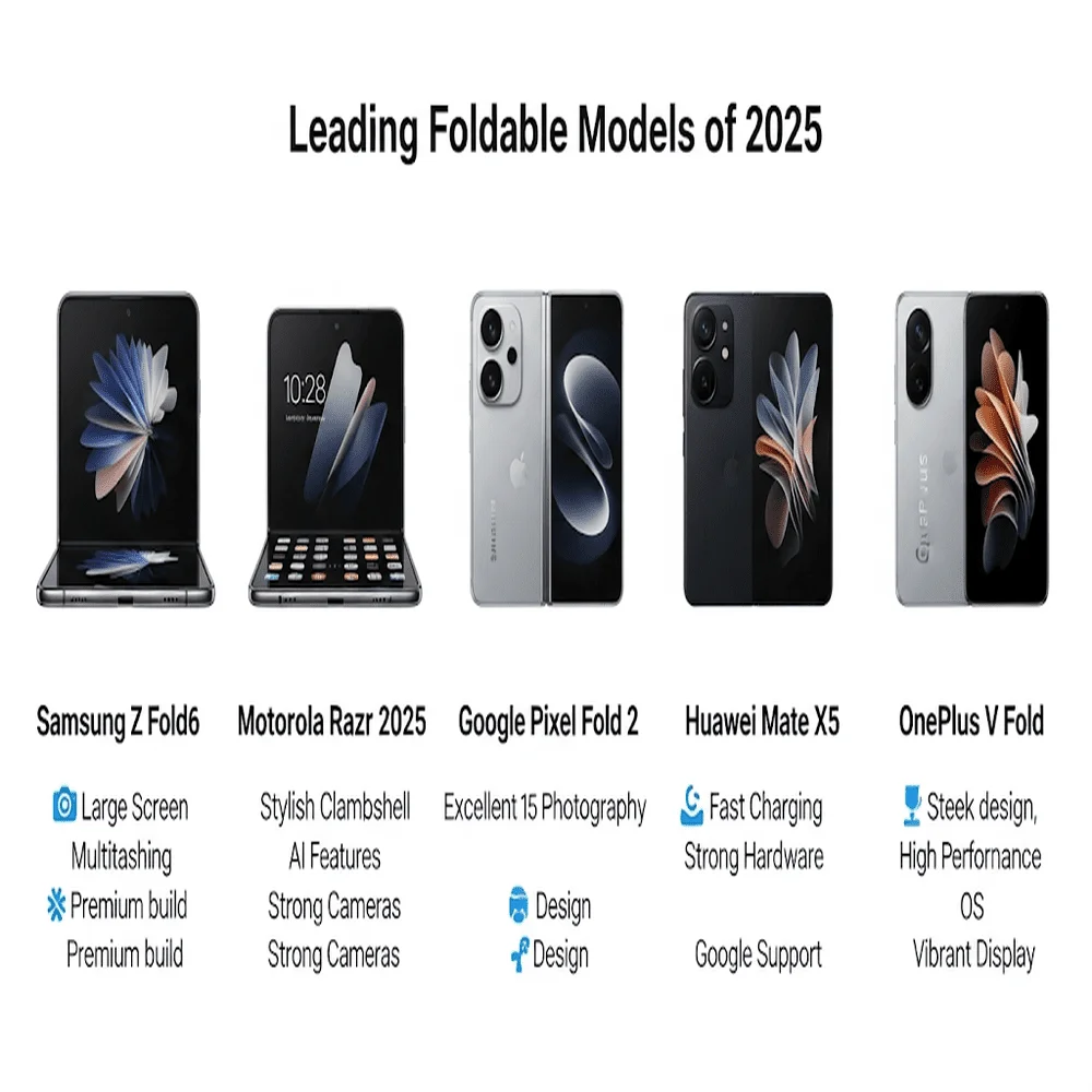 "Top 5 foldable phones of 2025 compared with icons and futuristic blue-silver design." 