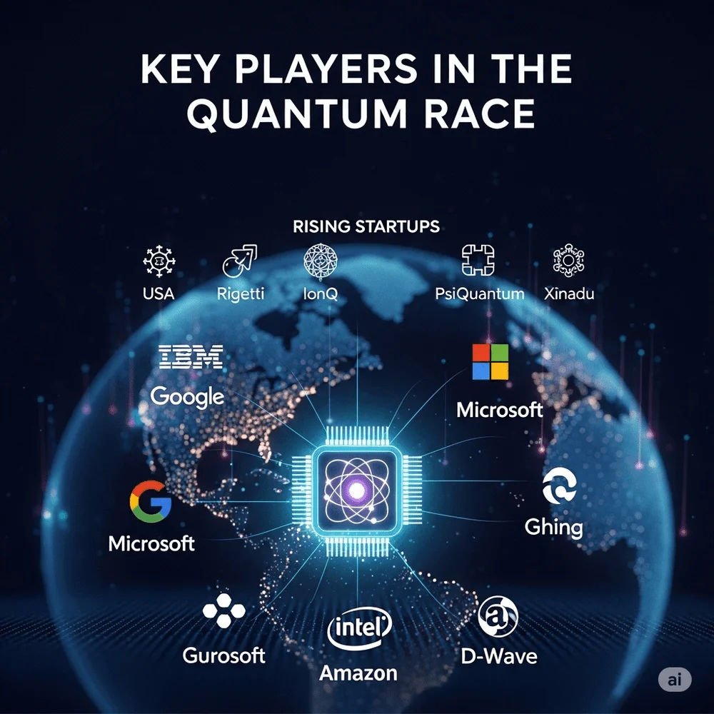 Infographic of major quantum computing companies and global leaders in 2025, centered around a glowing chip and world map. 
