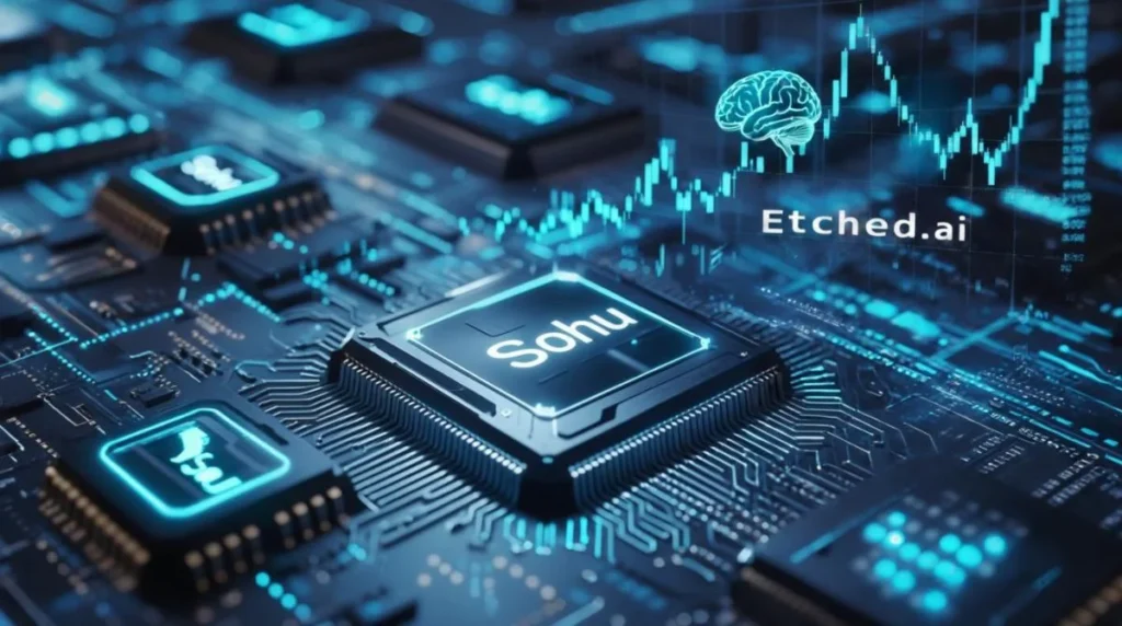 A glowing AI data center with Sohu chips and a rising stock graph, symbolizing why Etched stock is gaining attention in the AI hardware market.